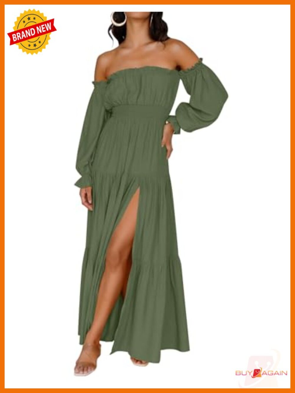 Boho Off Shoulder Long Sleeve Maxi Dress with Ruffle High Split
